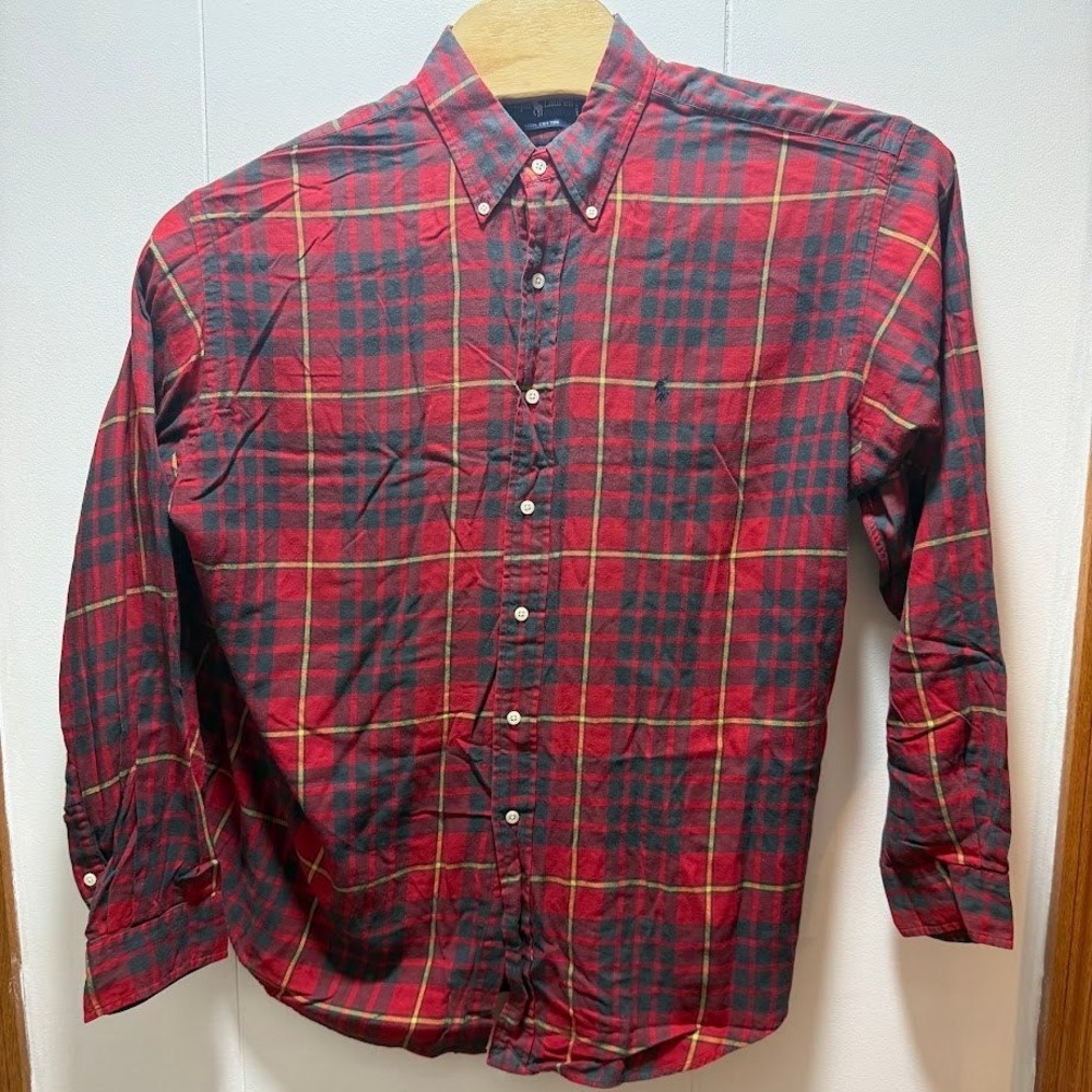 Ralph Lauren Mens XL Red Navy Plaid Flannel Button Down Shirt Cotton Long Sleeve